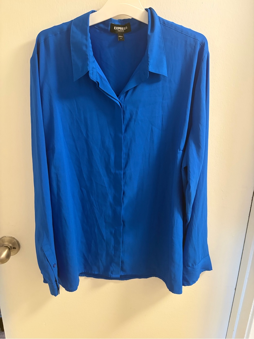 Express Button-Front Long-Sleeve Blouse in Cobalt Blue